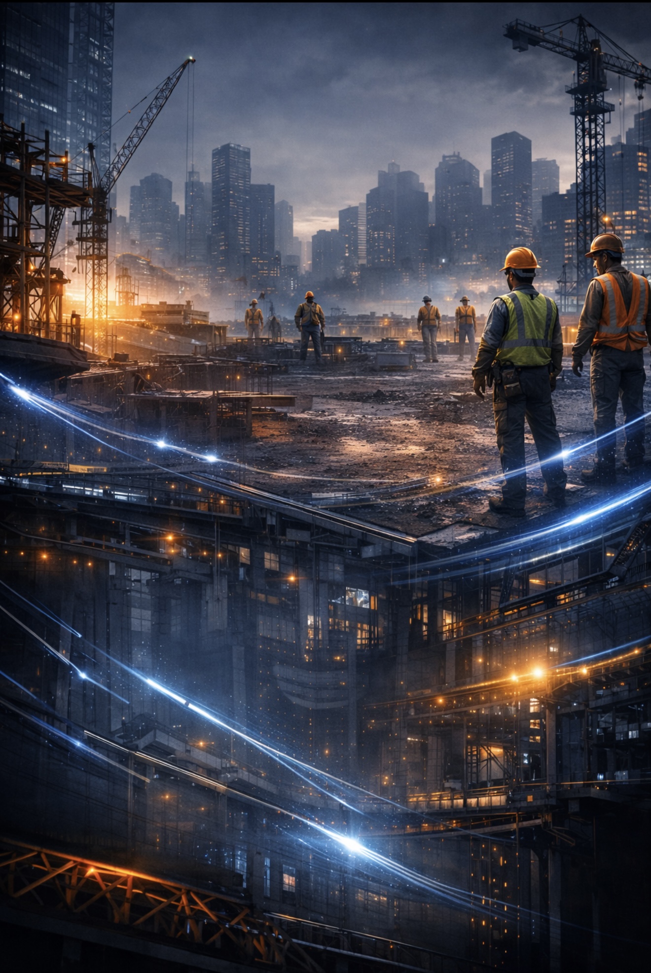 Construction site at dusk - workers building the future