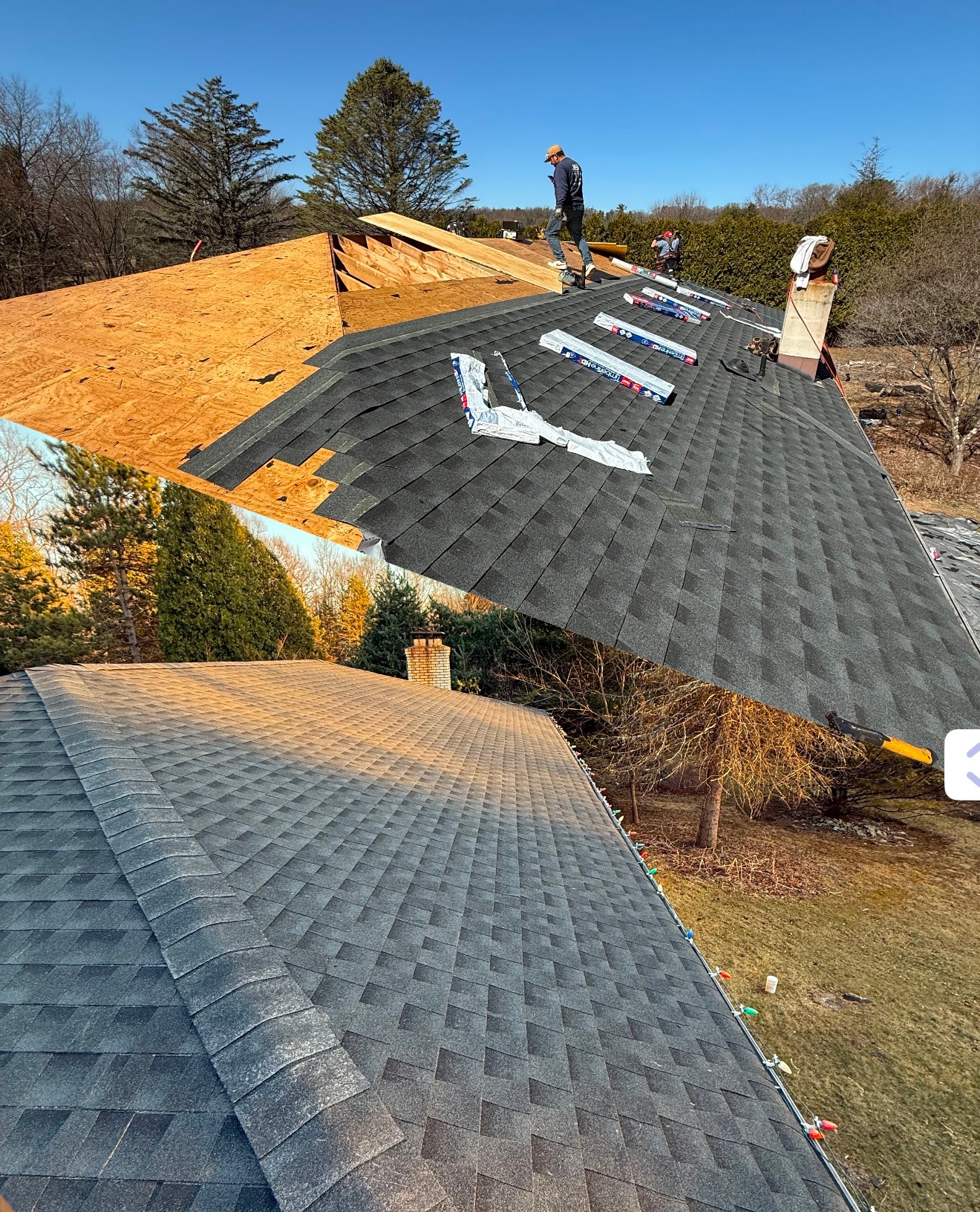 Roofing project showing tear-off and new shingle installation